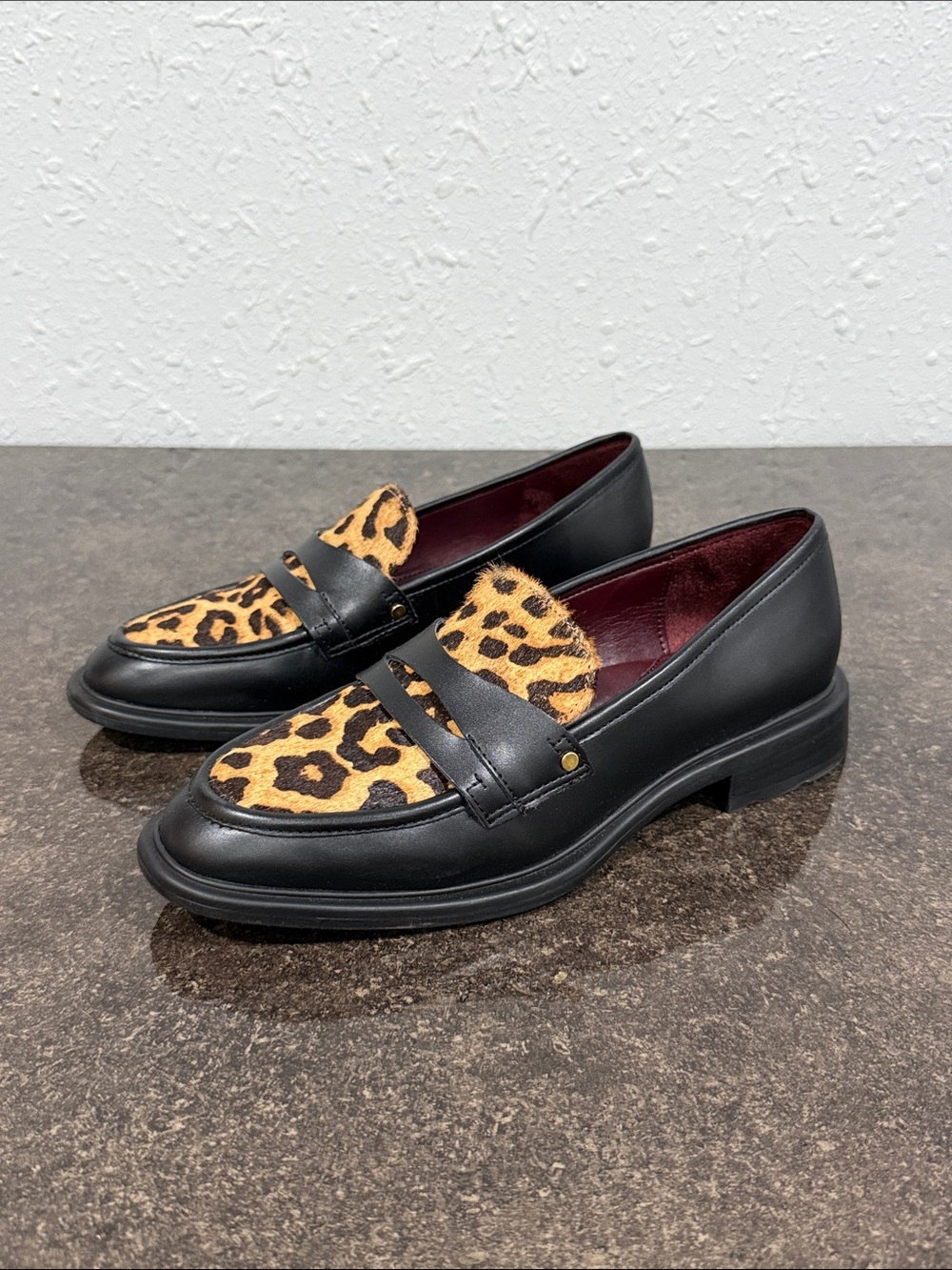 Franco Sarto Women's Black Leather Loafers with Leopard Print Size 6M